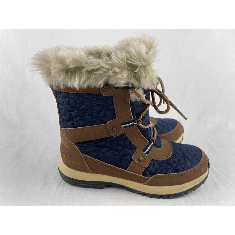 Bearpaw Isabella Women Size 8 Navy Brown Faux Fur Trim Waterproof Winter Boots